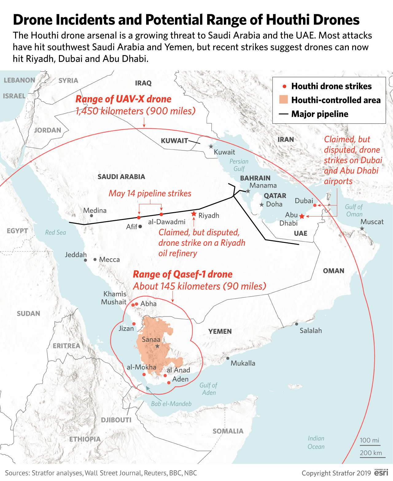 This map shows the range of Houthi drones and attacks attributed to them