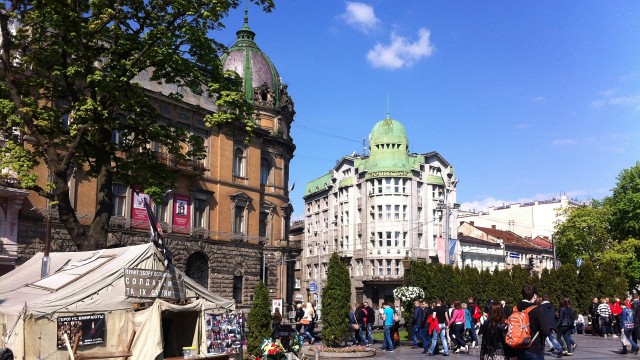 A tent stands on Svobody Avenue in central Lviv as a memorial to government troops killed in the fighting in eastern Ukraine. 