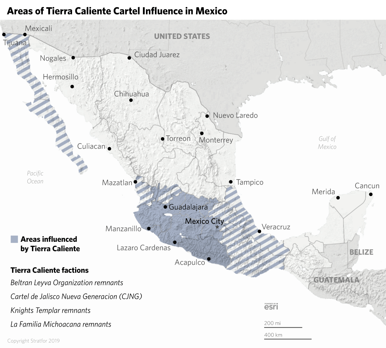 A map shows the areas influenced by the Tierra Caliente cartel and its remnants.