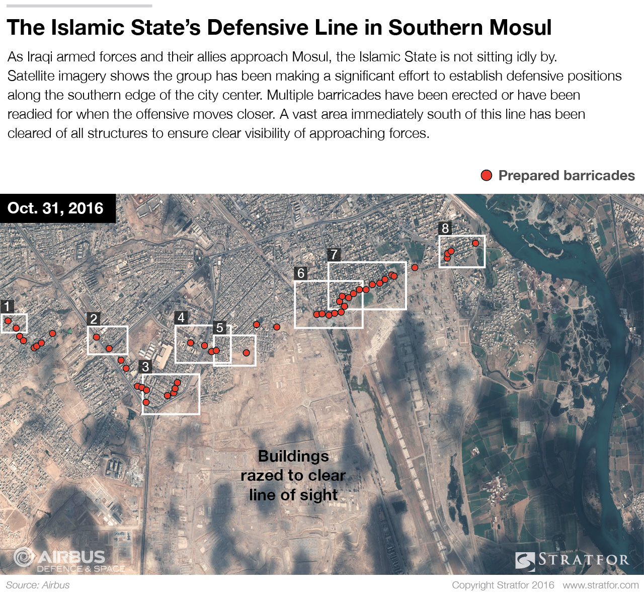 The photographs above, taken Oct. 31, show that the Islamic State has cleared a wide swath of terrain to the north of Mosul airport, along the western bank of the Tigris River. 