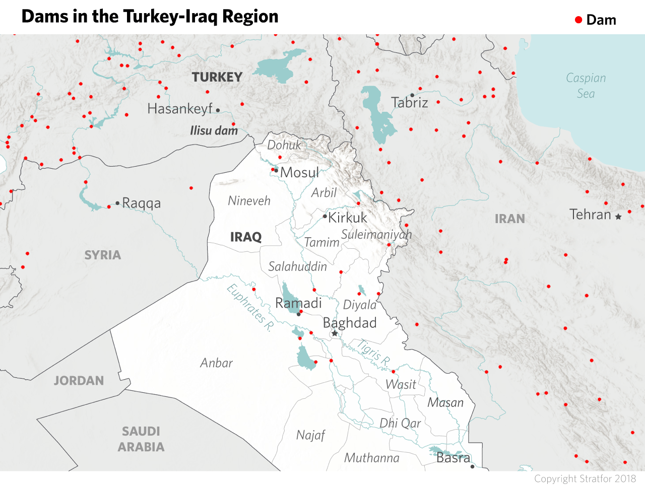 A map showing key dams in Turkey and Iraq.