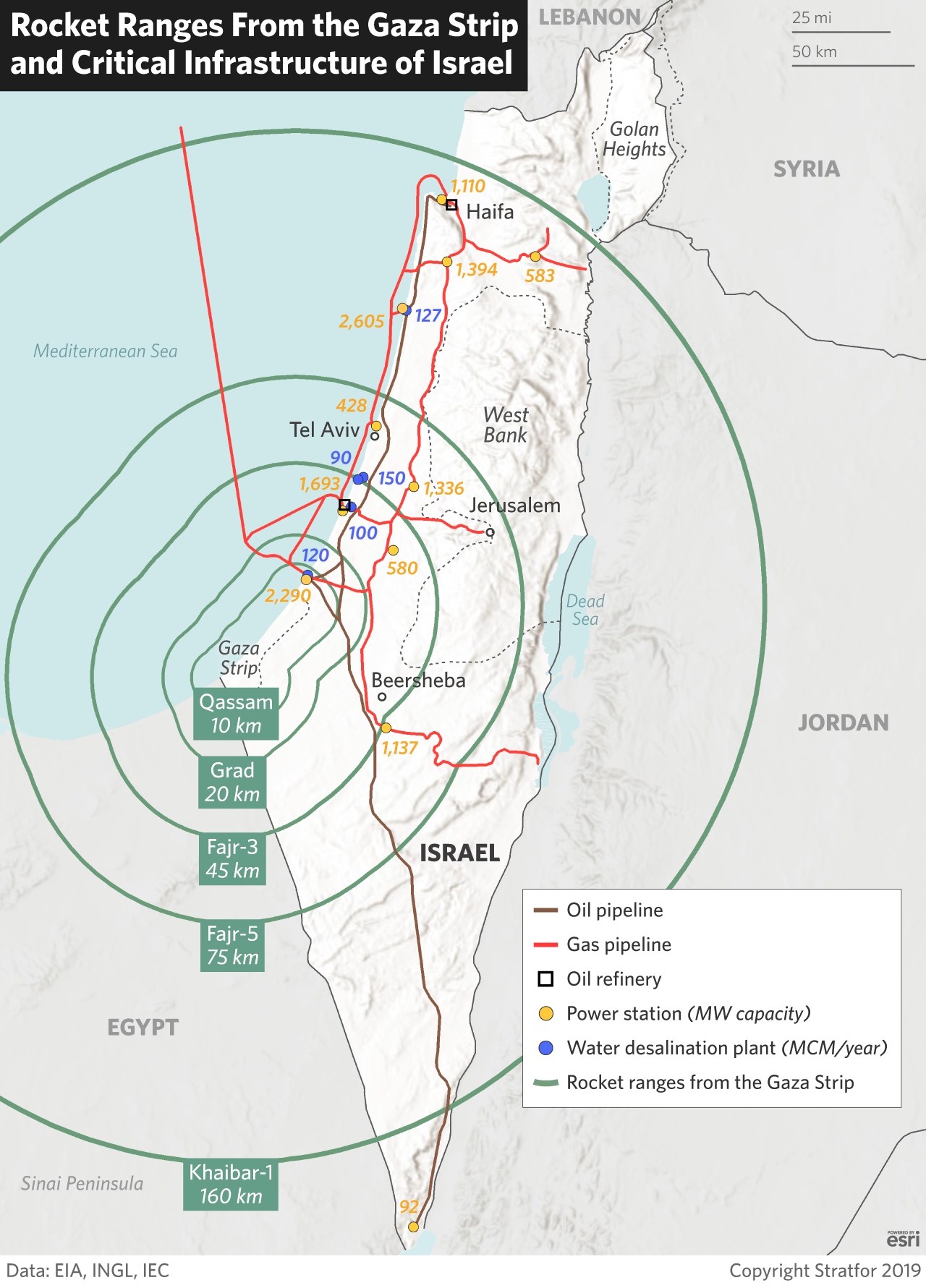 A map showing rocket ranges from the Gaza Strip and critical infrastructure of Israel.