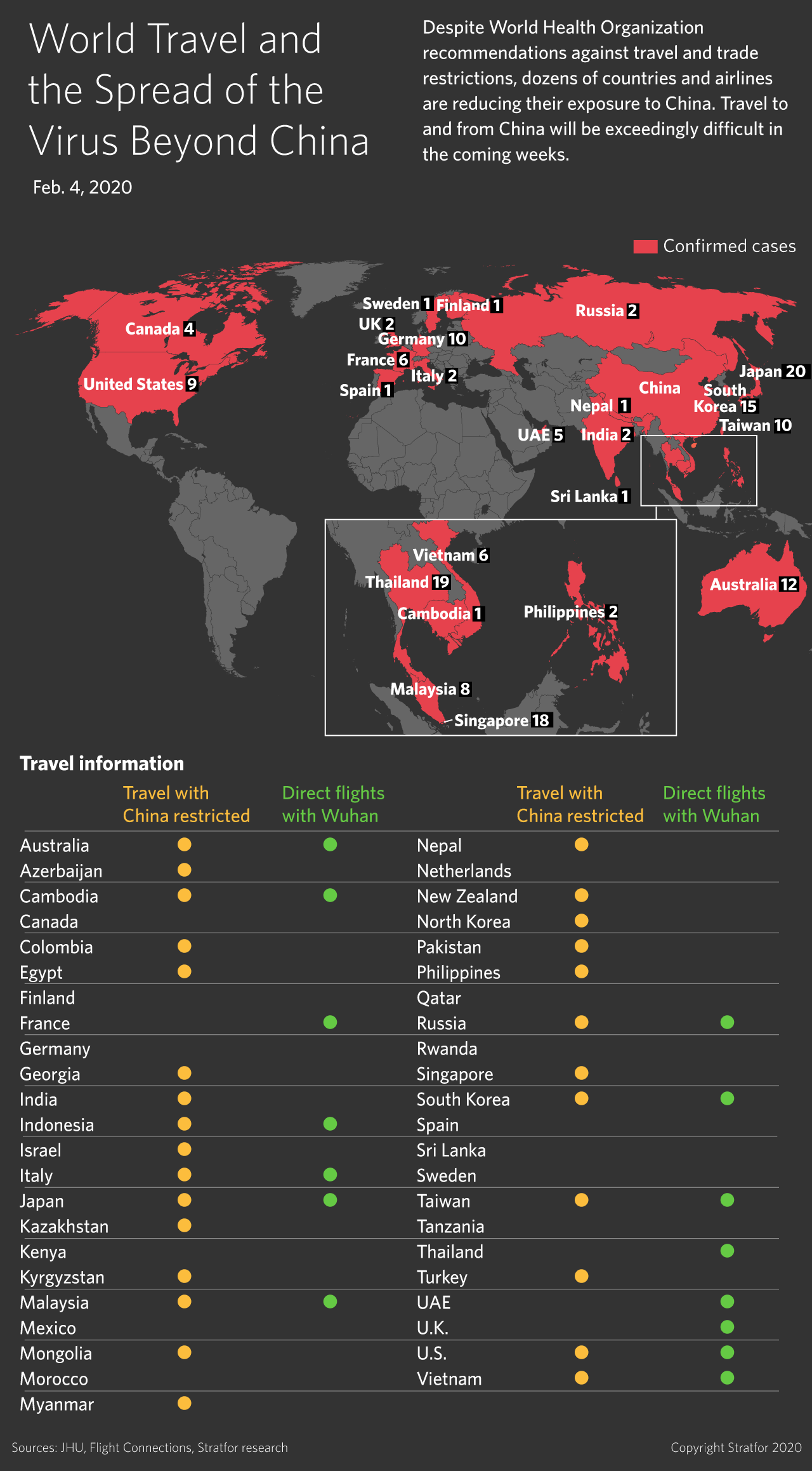 A graphic showing the spread of the new coronavirus beyond China.