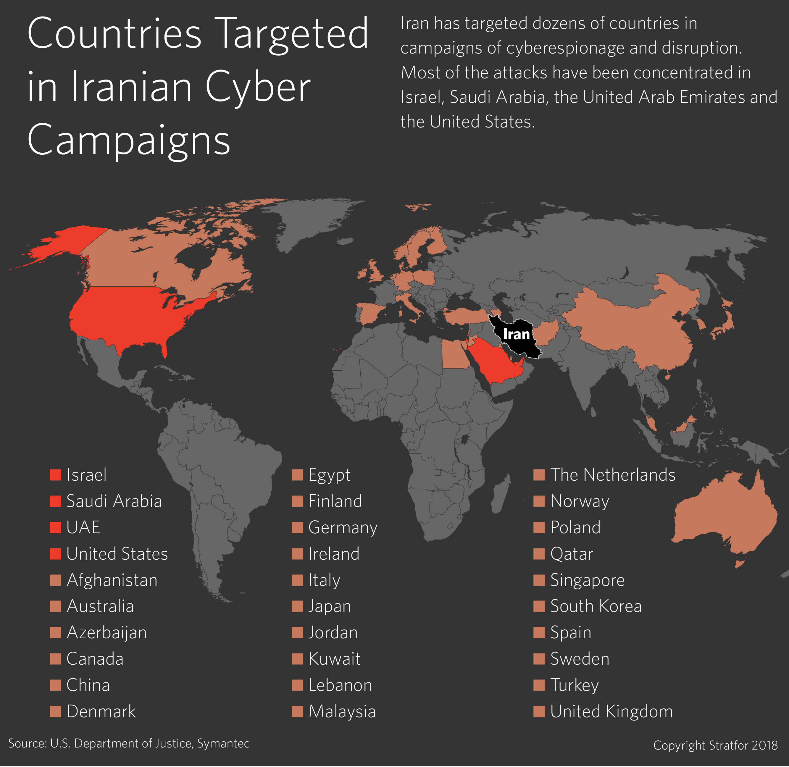 A map shows the countries targeted by Iran in its cyber campaigns.