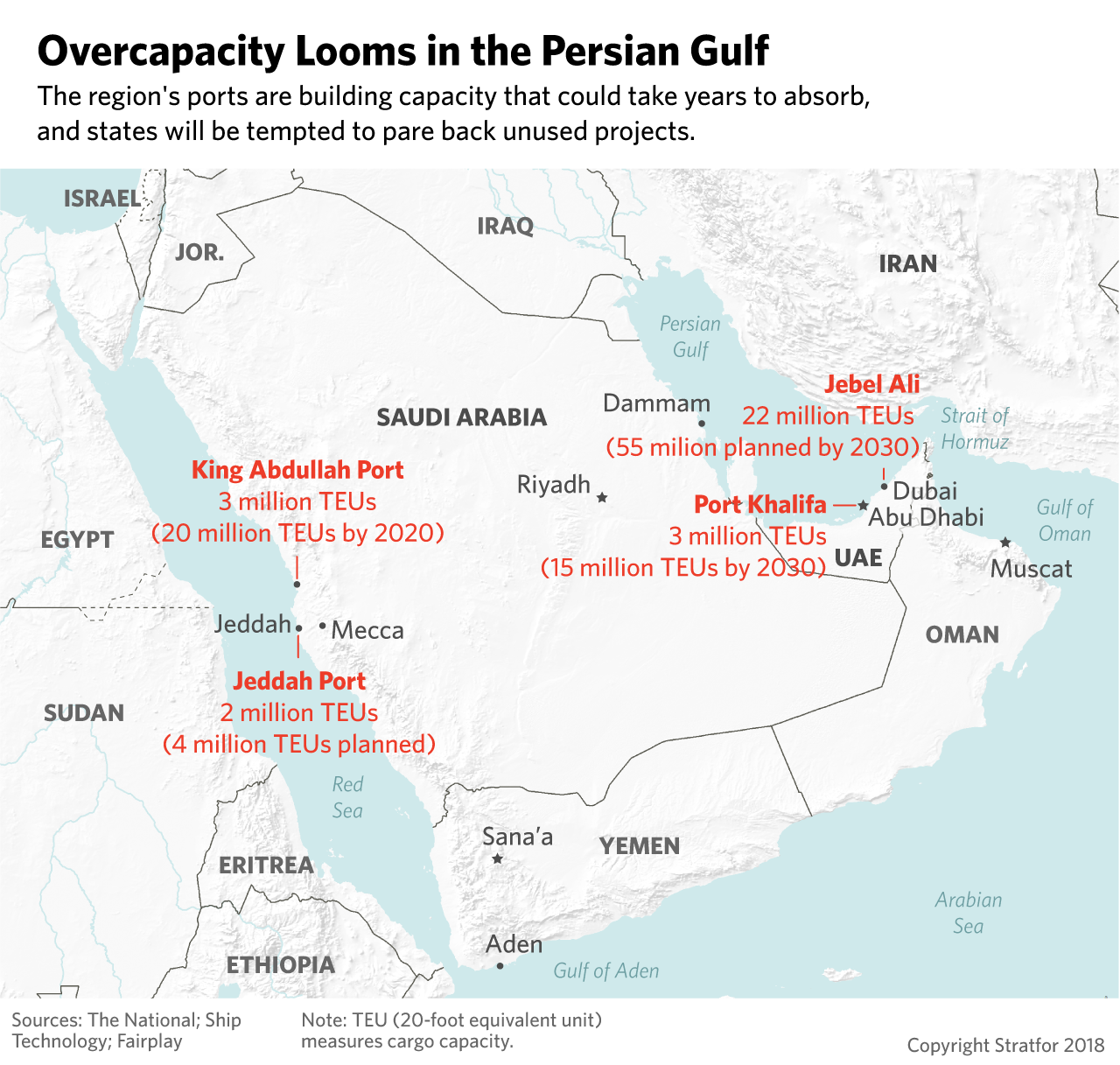 A map shows the four largest ports in Saudi Arabia and the United Arab Emirates.