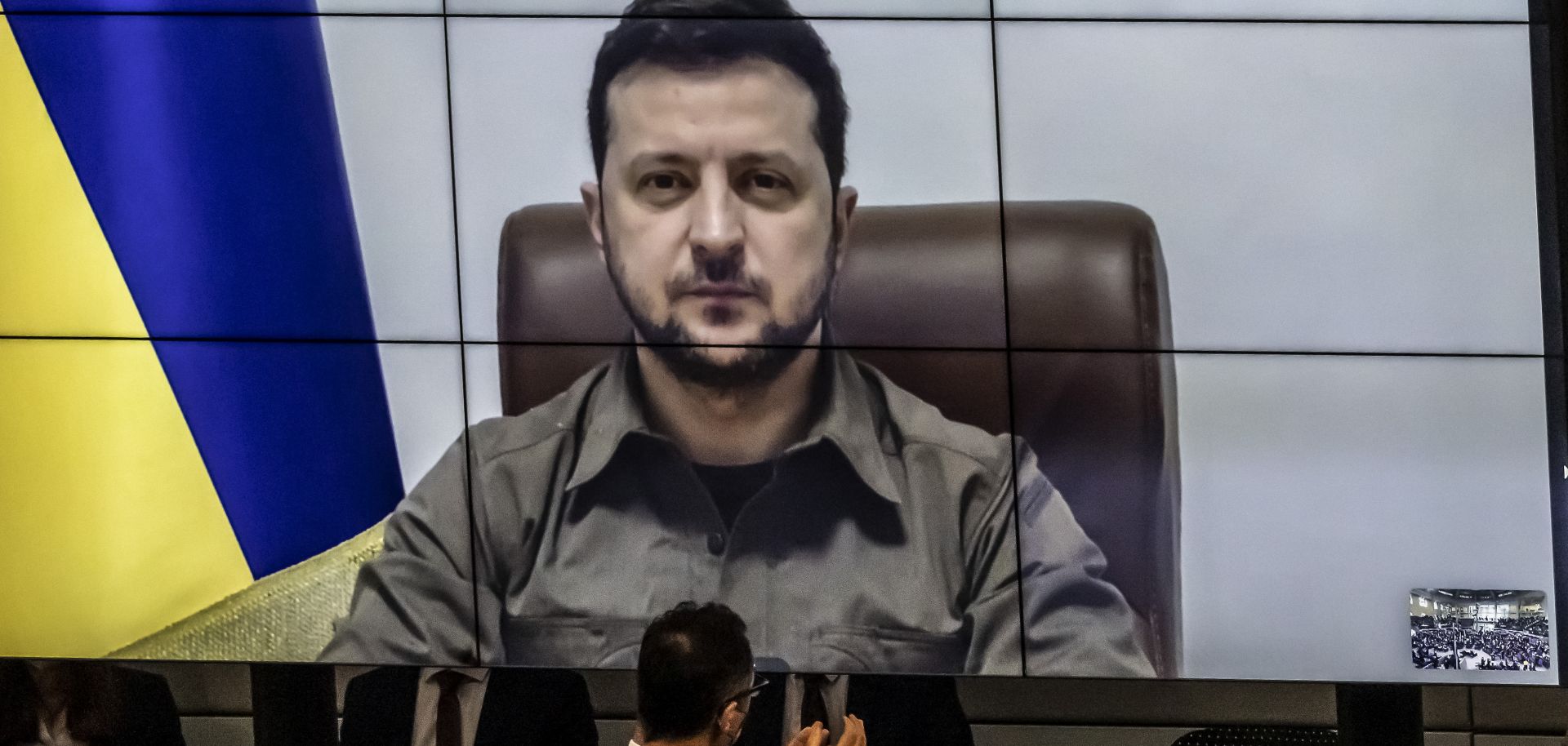 Ukrainian President Volodymyr Zelensky addresses Germany's Bundestag legislature in Berlin via video from the embattled city of Kyiv on March 17, 2022.