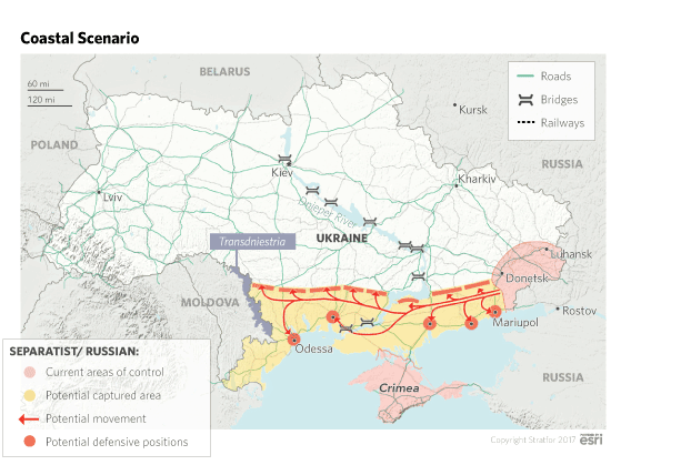 A map showing a coastal invasion scenario, should Russia decide to attack Eastern Ukraine