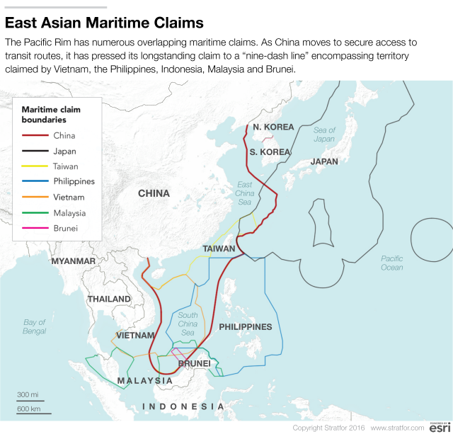 The Pacific Rim has numerous overlapping maritime claims. As China moves to secure access to transit routes, it has pressed its longstanding claim to a