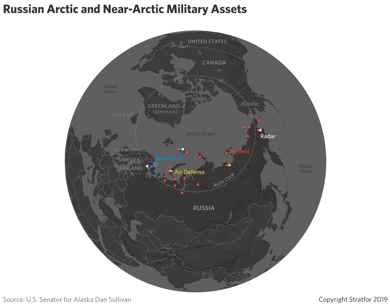 This map shows Russia's military bases in or near the Arctic.