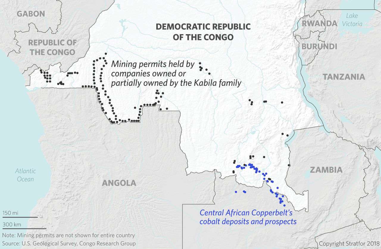 a map showing mining permits in the Democratic Republic of the Congo Owned or Partially Held by the Kabila Family