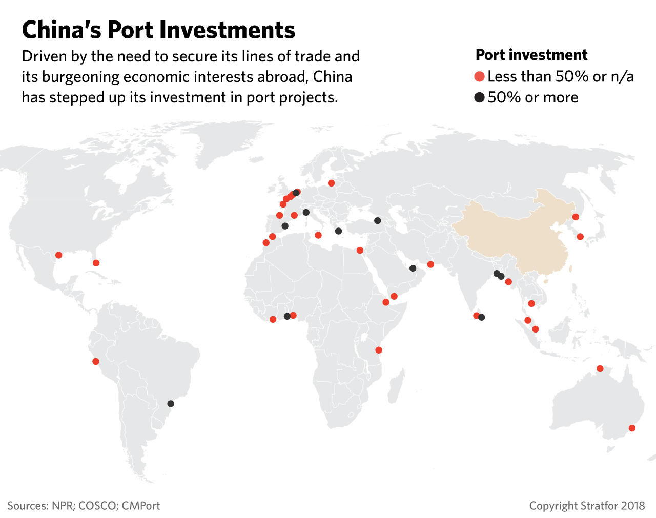 A map showing China's port investments around the world.