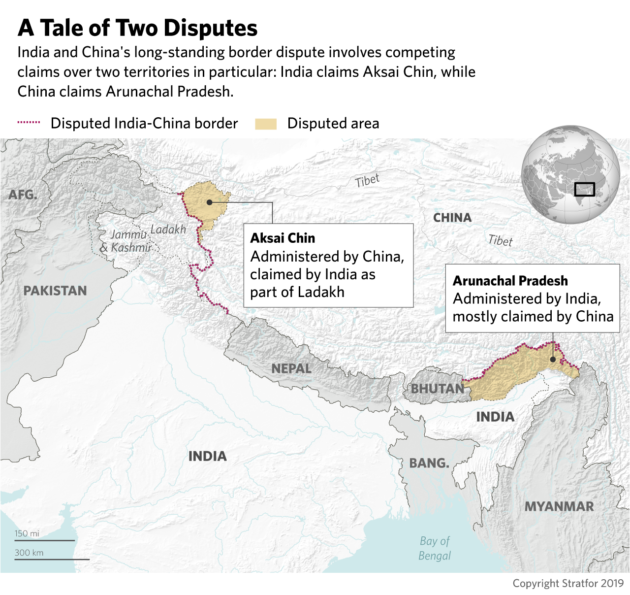 This map shows disputed areas on the India-China border.