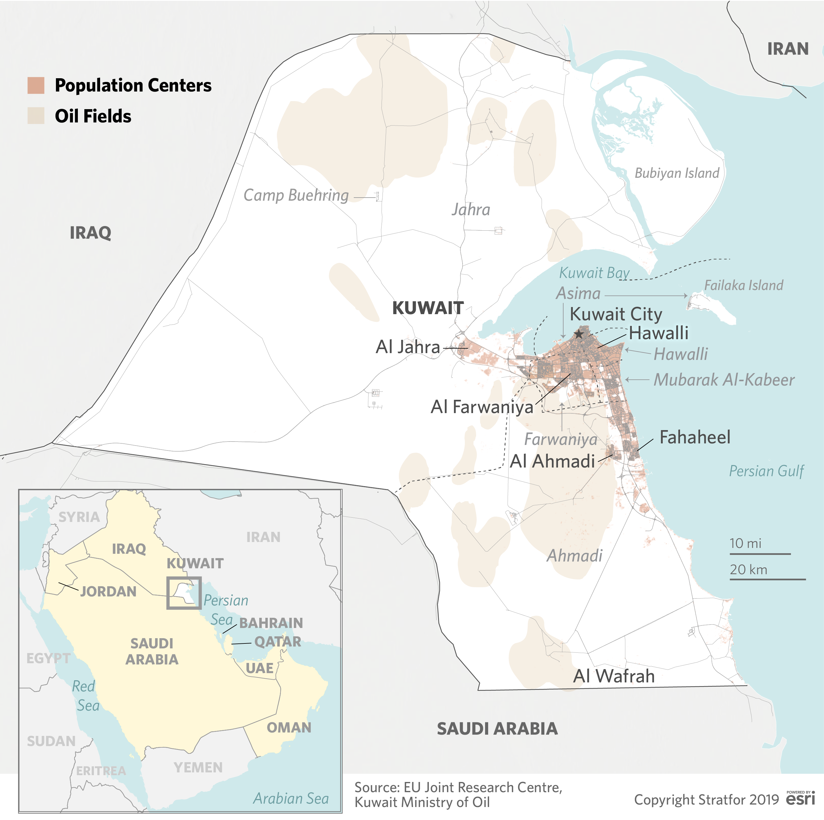 A map showing Kuwait's population centers and oil fields.