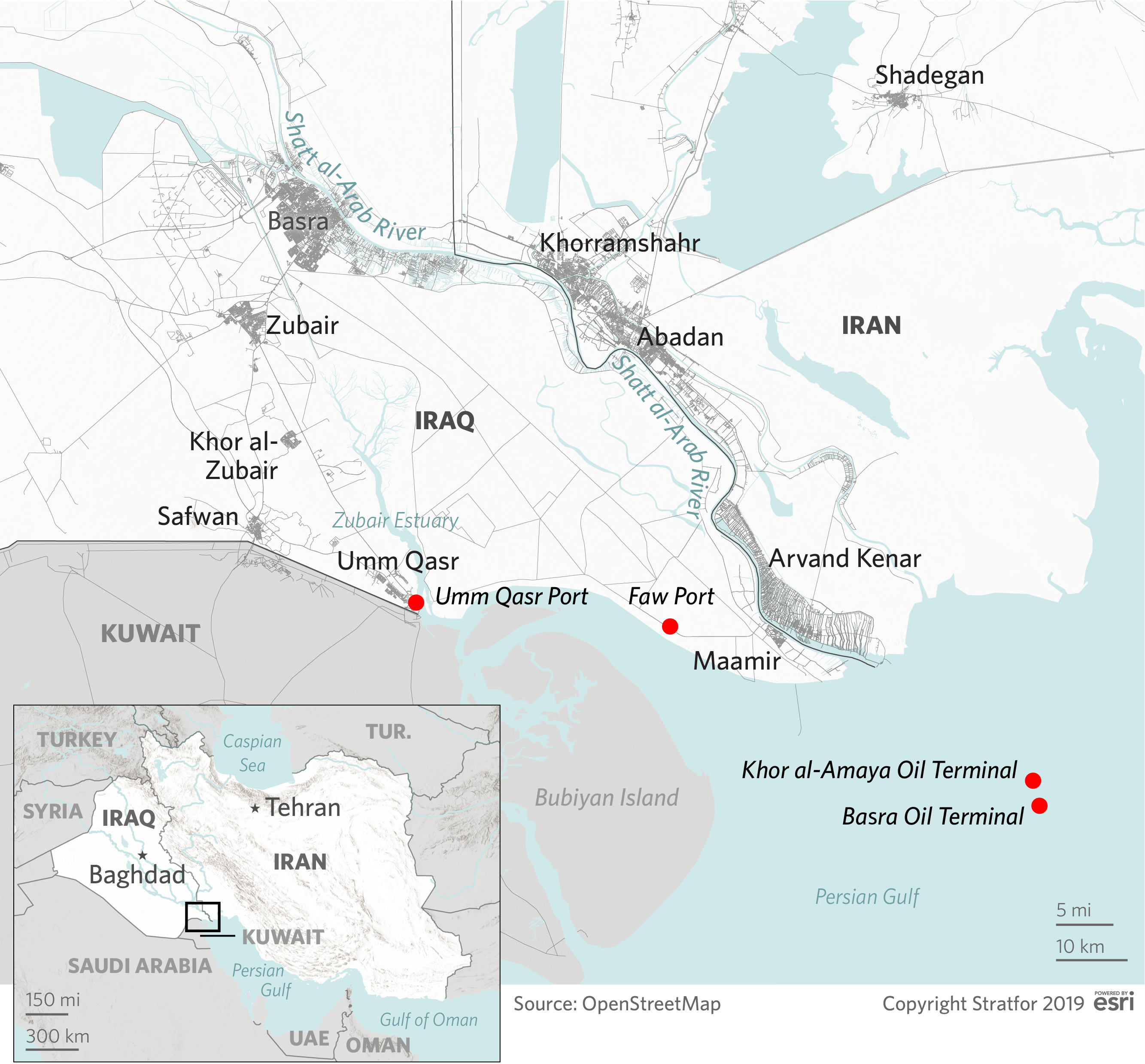 A map of Iraq and Iran around the Shatt al-Arab River.