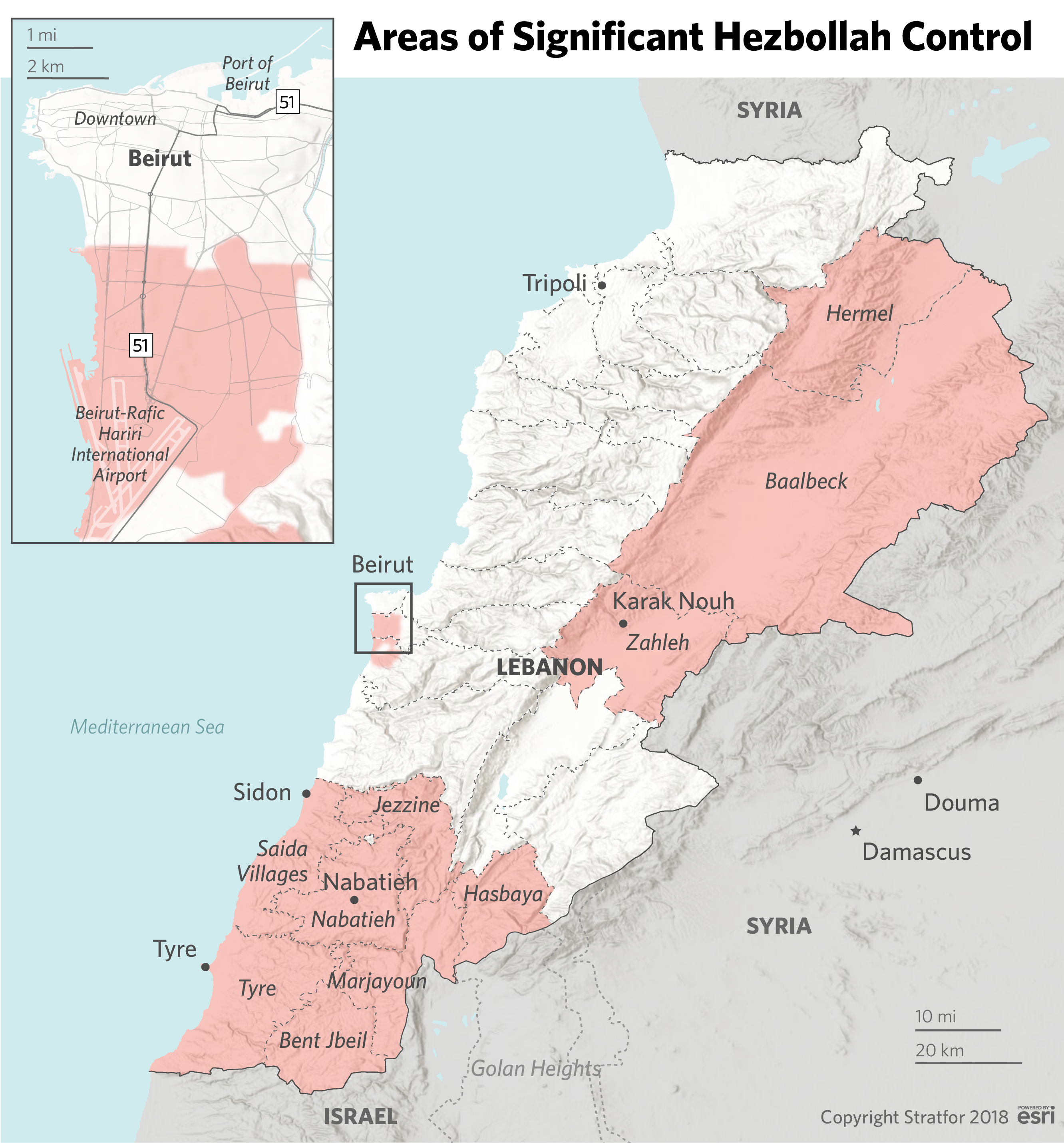 This map shows Hezbollah's areas of strength in Lebanon.