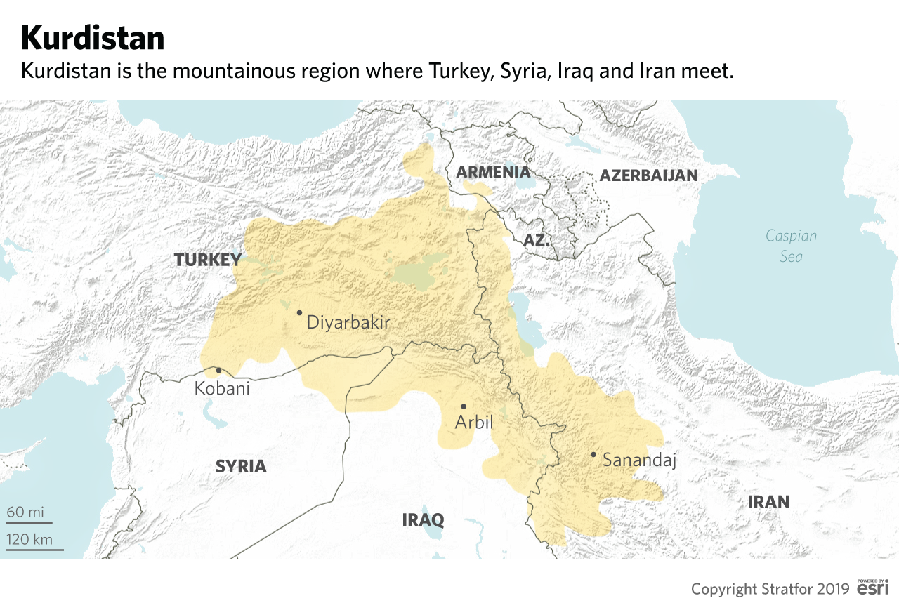 A map of Kurdish regions in Turkey, Syria, Iran and Iraq.