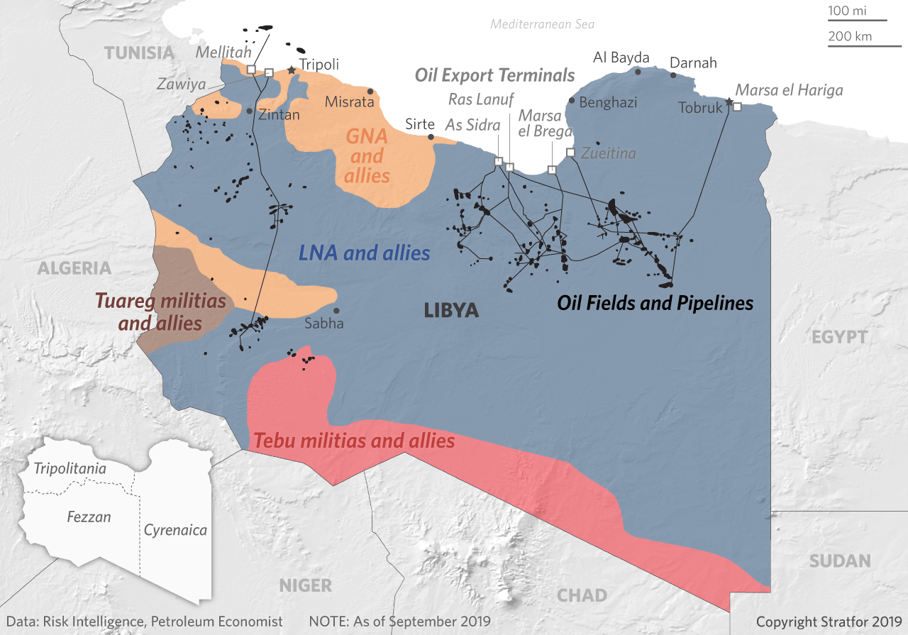 This map shows Libyan oil fields and export terminals and control of the country by its armed factions.