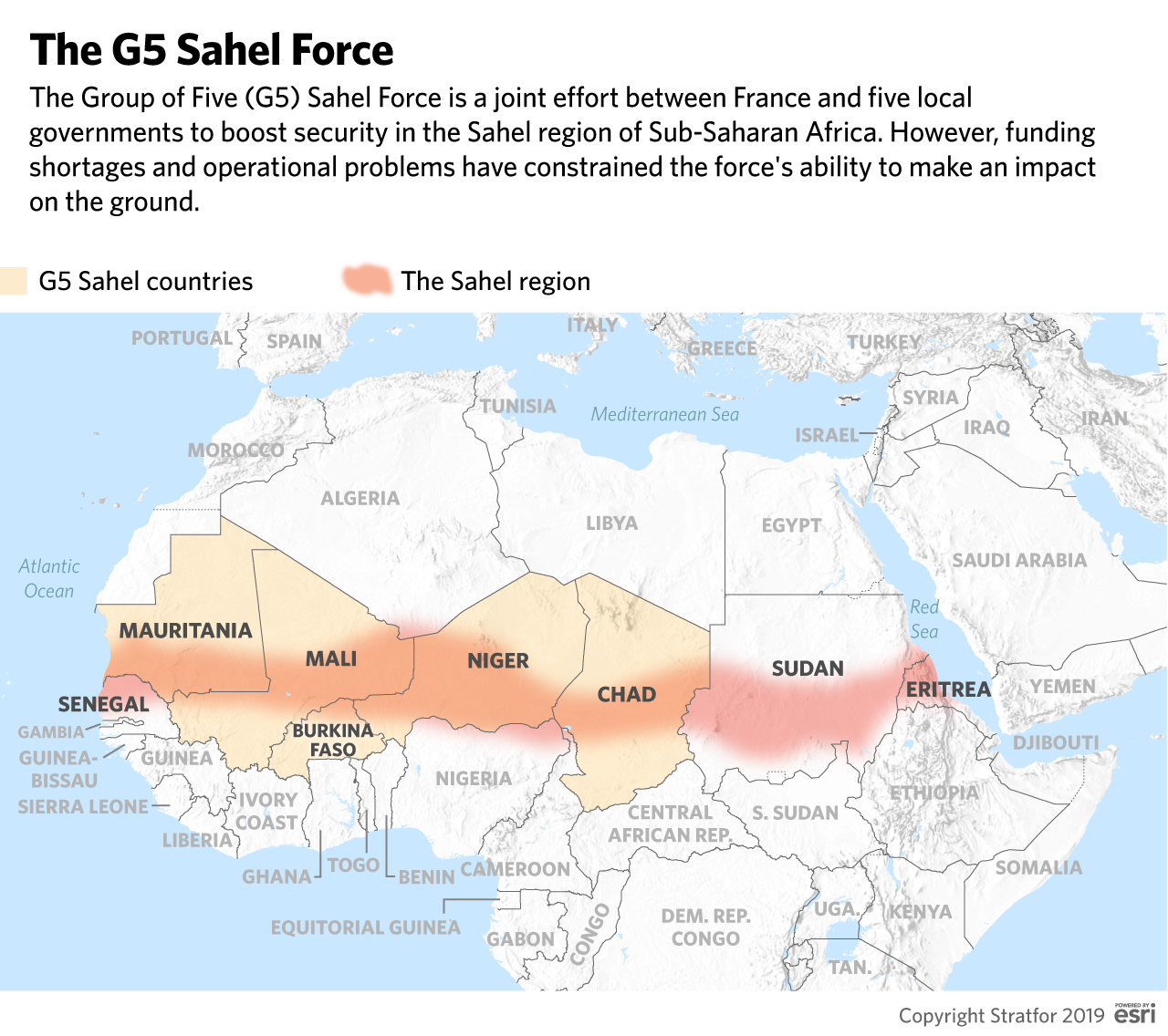 This map shows the Sahel region, as well as the members of the G5 Sahel force.