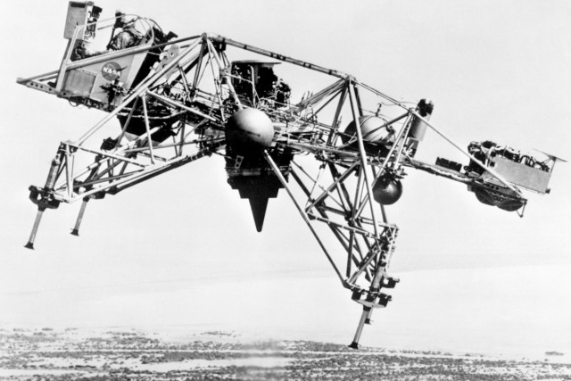 The future lunar module during an experiment at Edwards Air Force Base in California on August 17, 1967. 
