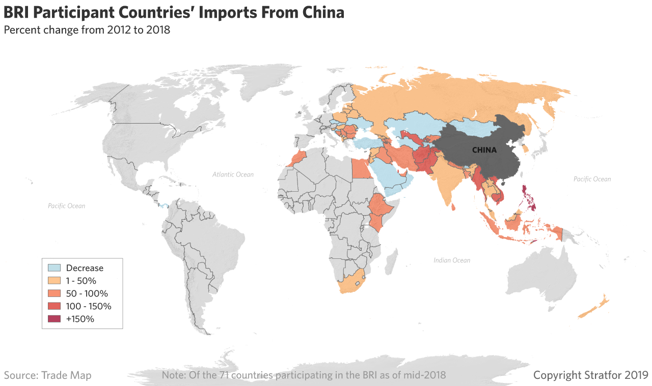 This map show trade flows in 2018 from China to countries participating in the Belt and Road Initiative