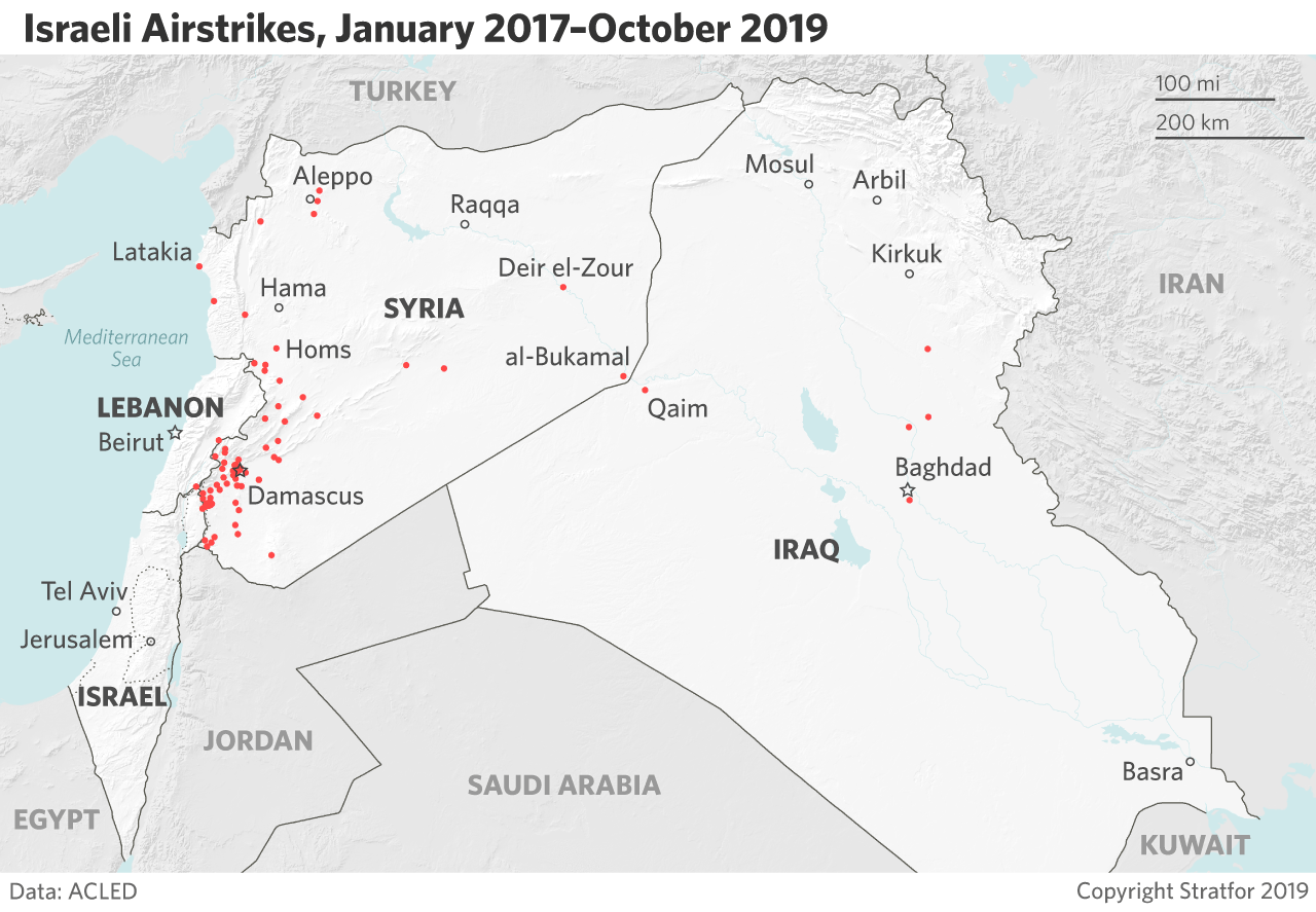 This map locates Israeli airstrikes from January 2017 through October 2019.