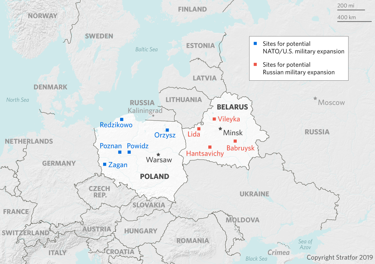 This map shows locations in Poland and Belarus where NATO and Russia could deploy more military forces.