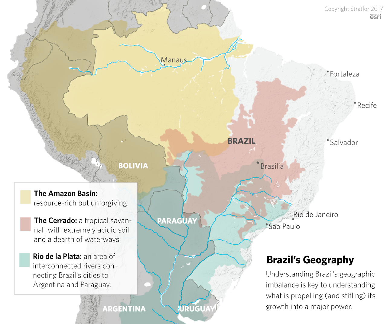 A map showing Brazil's three main geographical regions.