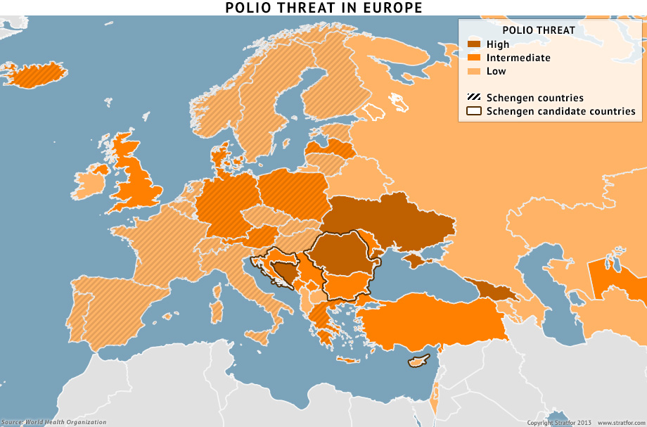 Polio immunization levels vary from country to country in the European region. The countries with the lowest infant immunization rates (below 90 percent) include Austria, Bosnia-Herzegovina, Georgia, Iceland and Ukraine. Countries below 95 percent include a few Western European nations -- Denmark and Germany -- along with Estonia, Latvia, Lithuania, Moldova, Montenegro and Romania.