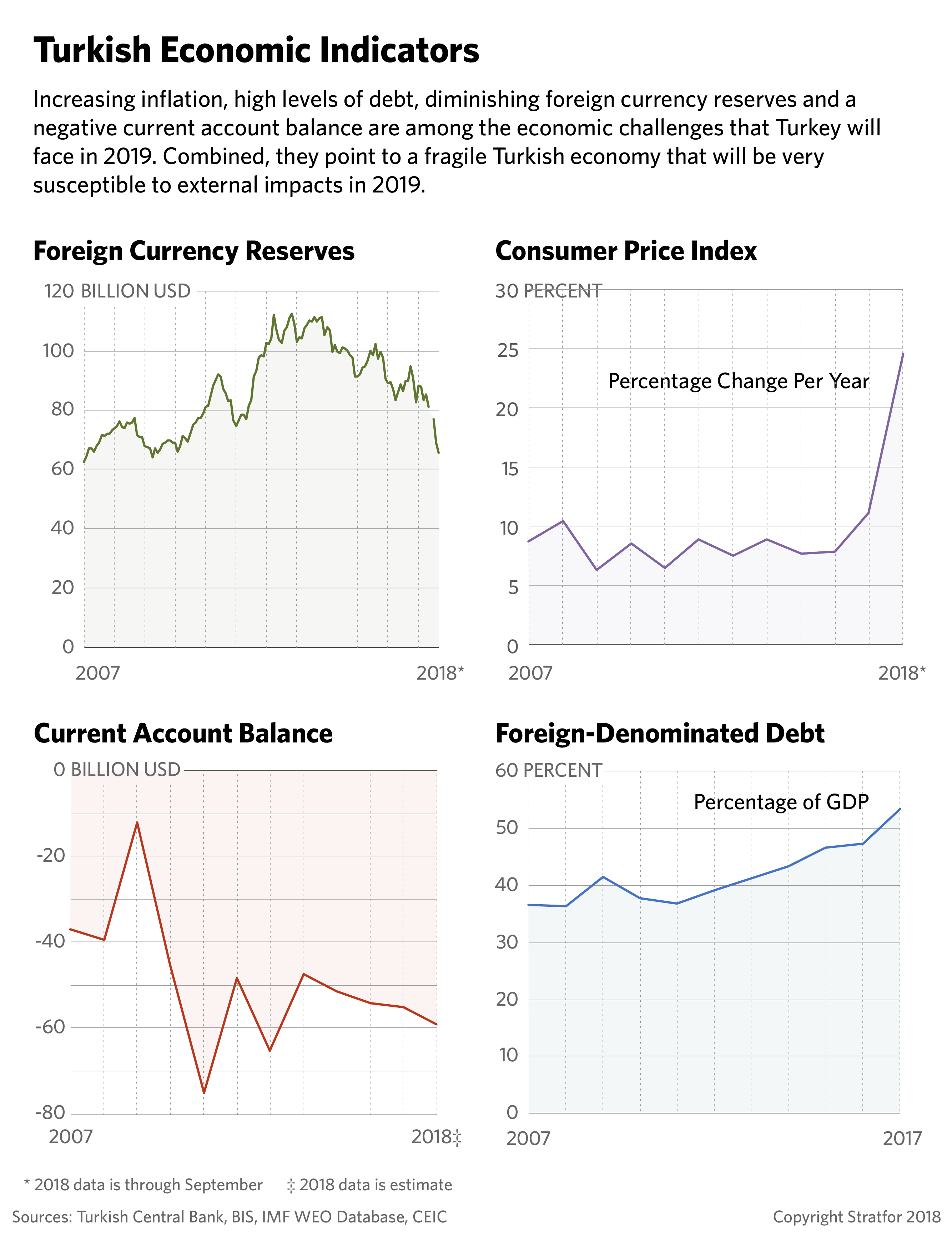 A chart showing Turkish economic indicators on foreign currency reserves, the consumer price index, the current account balance and foreign-denominated debt.