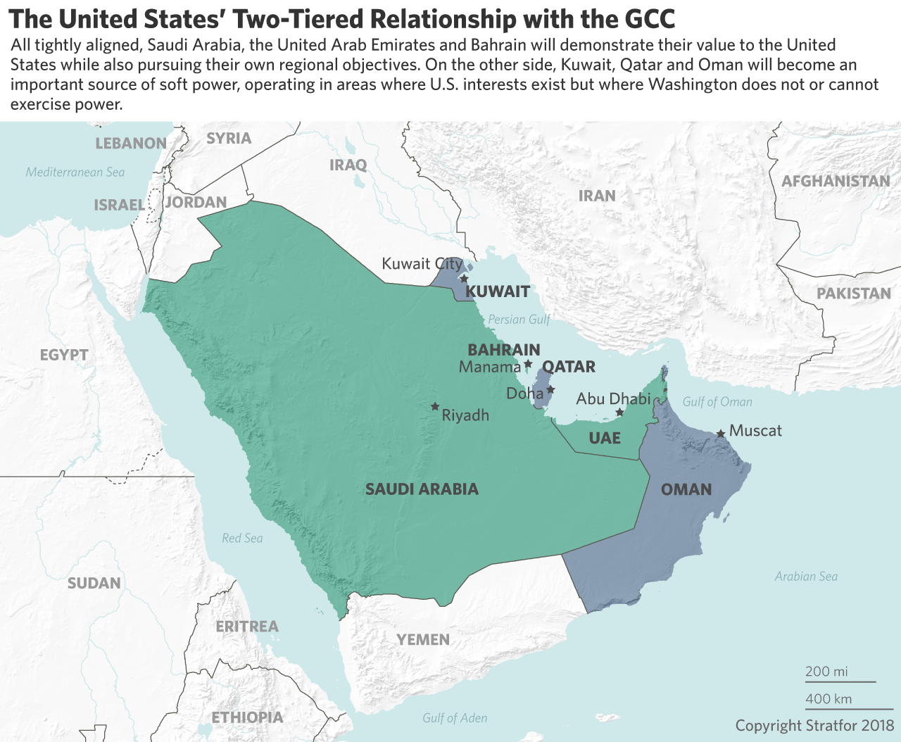 A map illustrates the United States two-tiered relationship with countries in the Gulf Cooperation Council.