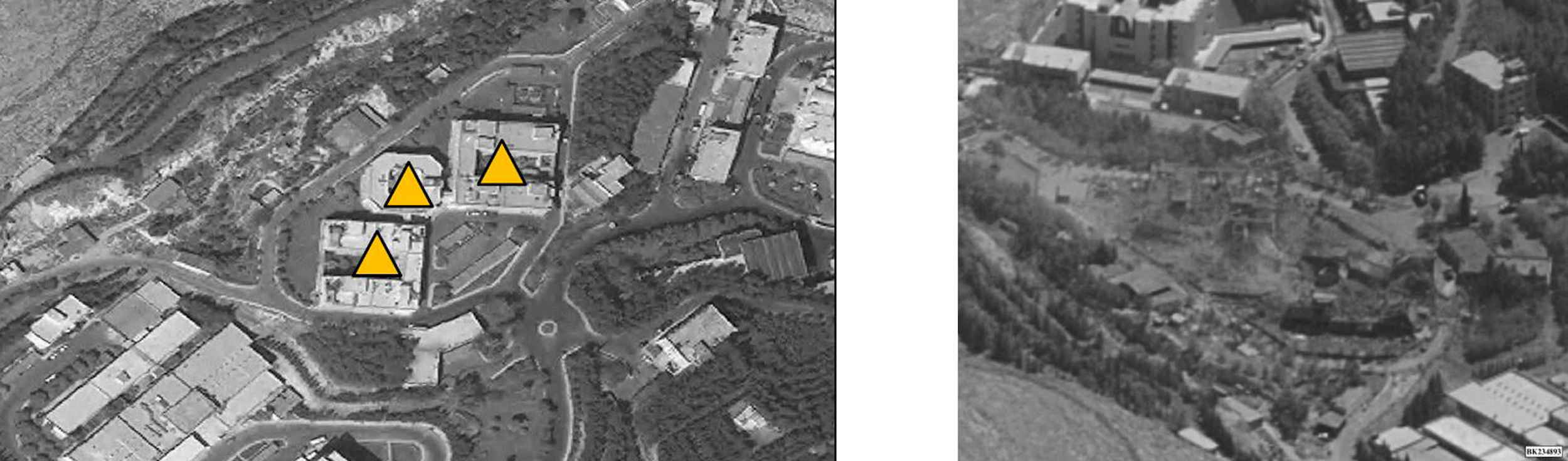 This image released by the U.S. Department of Defense shows the Syrian Barzah research and development center before (L) and after (R) after U.S., French and British forces launched strikes against Syria on April 14, 2018. 