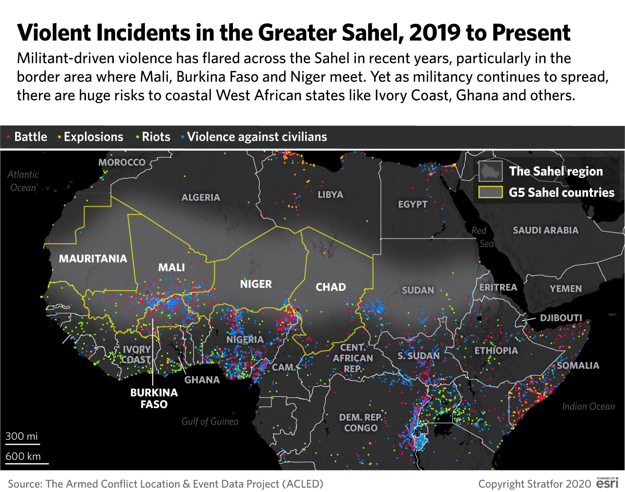 A map showing the number of violent incidents in the greater Sahel region of Africa, 2019 to the present.