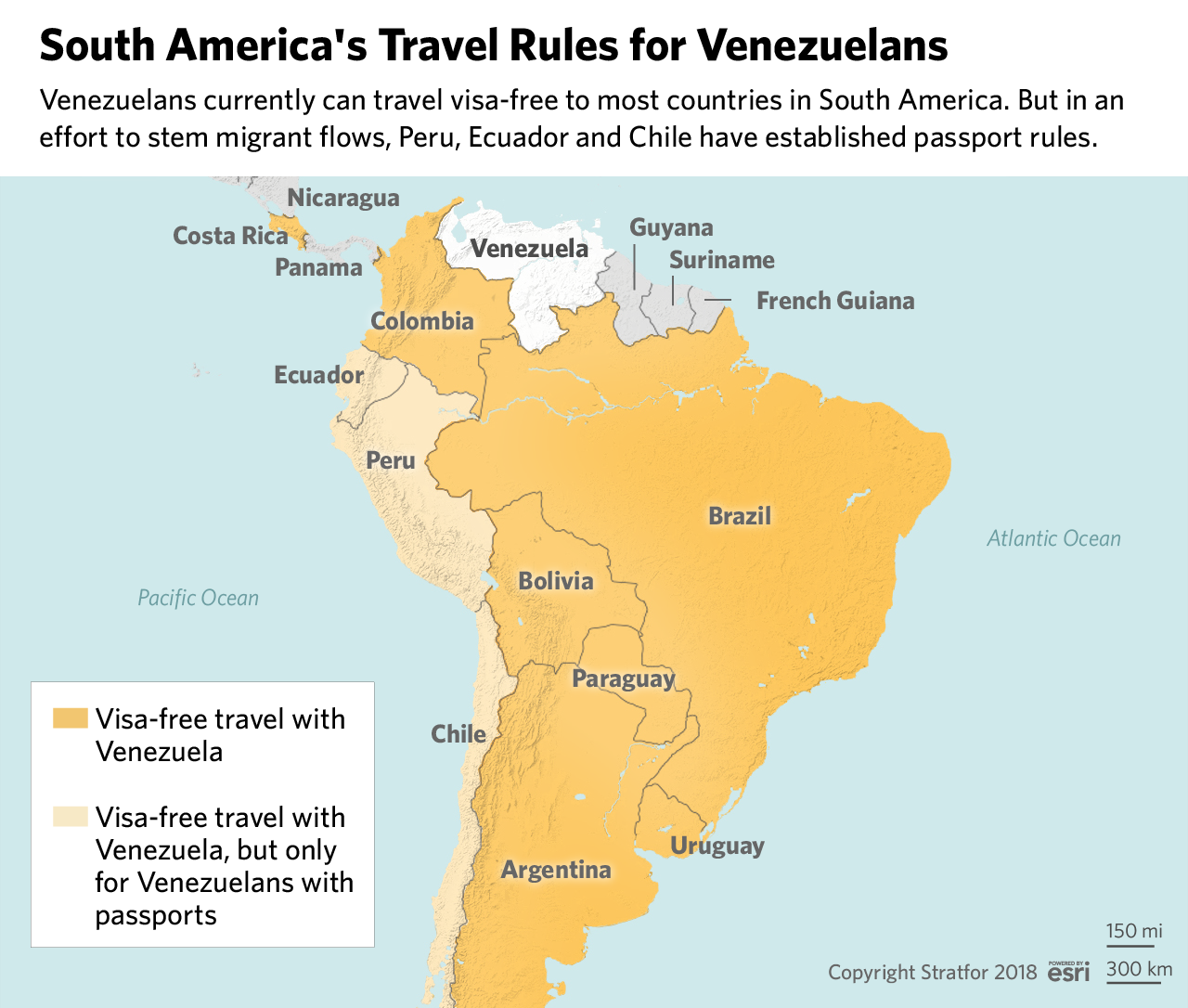 A map showing the travel requirements for Venezuelans in Latin America.