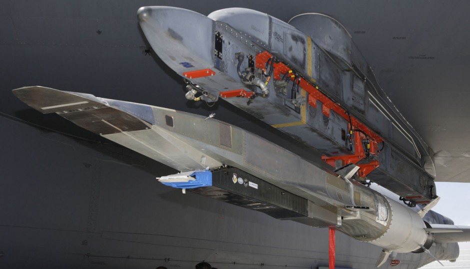 The X-51 WaveRider hypersonic flight test vehicle uploaded onto a B-52 bomber.