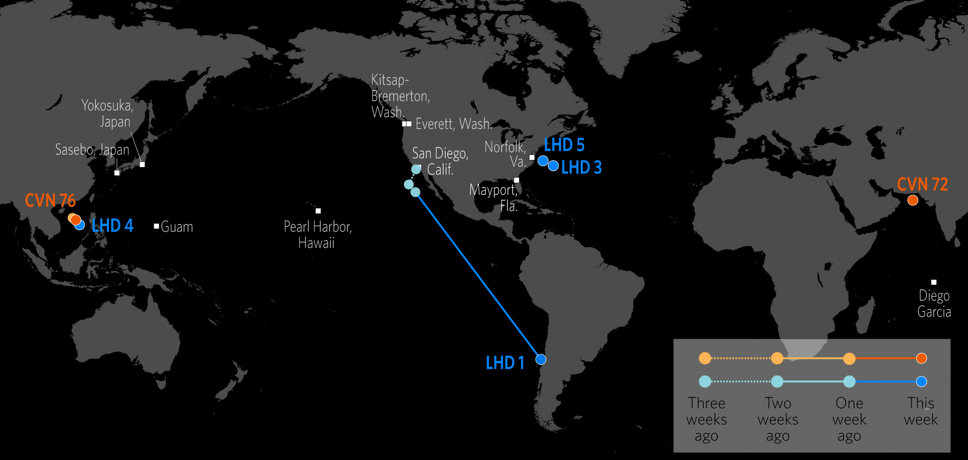 This map shows the approximate locations of U.S. Carrier Strike Groups and Amphibious Ready Groups.