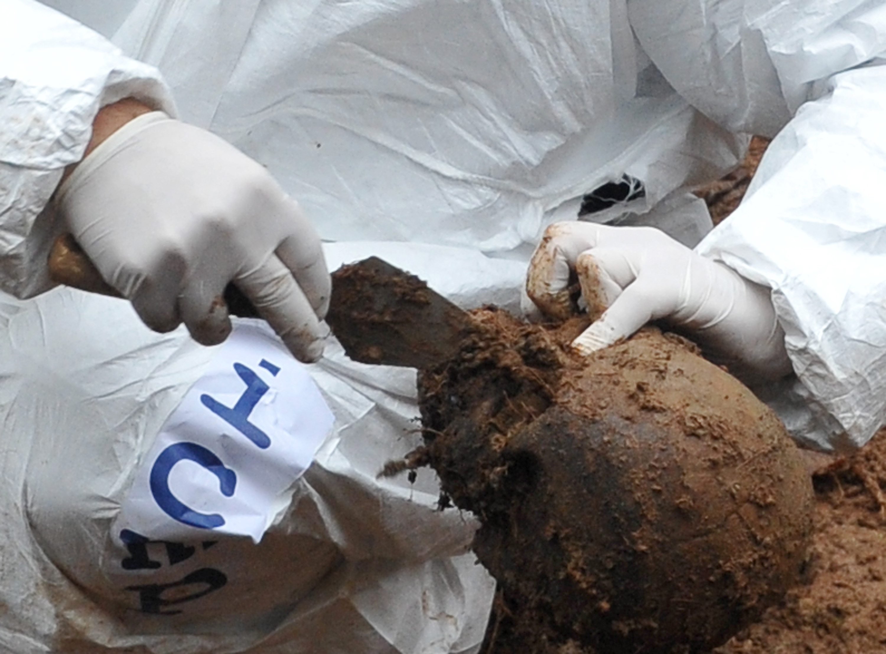 A Bosnian forensics expert removes mud from a skull found among other remains while excavating a mass grave site in the village of Misevici, a western suburb of Sarajevo, Dec. 5, 2012.
