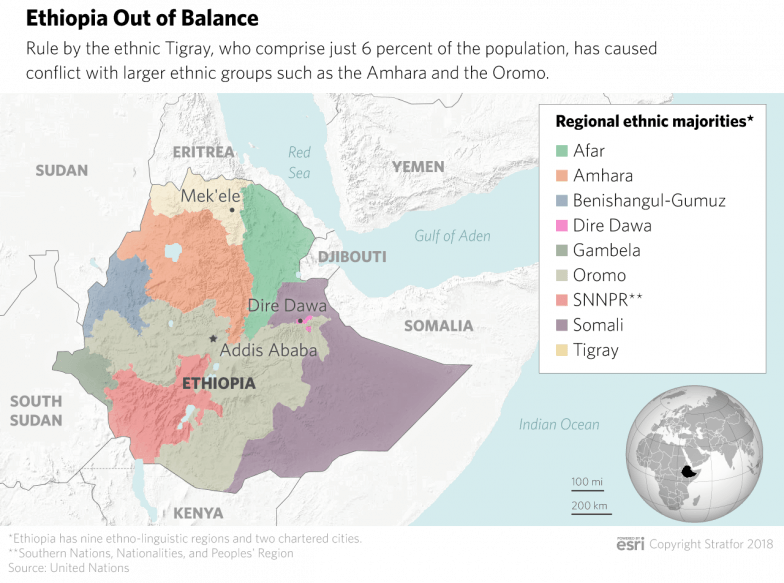 A map showing Ethiopia's ethnic breakdown.
