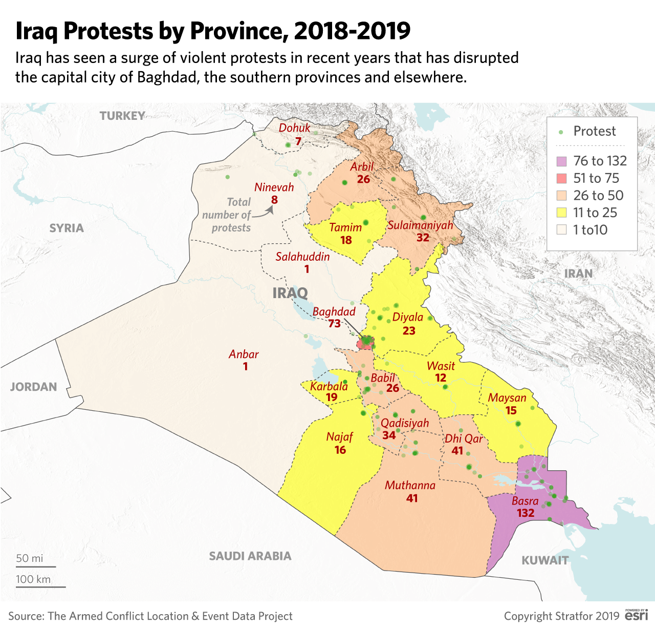 This map shows the total number of protests in Iraq's provinces in 2018 and 2019.