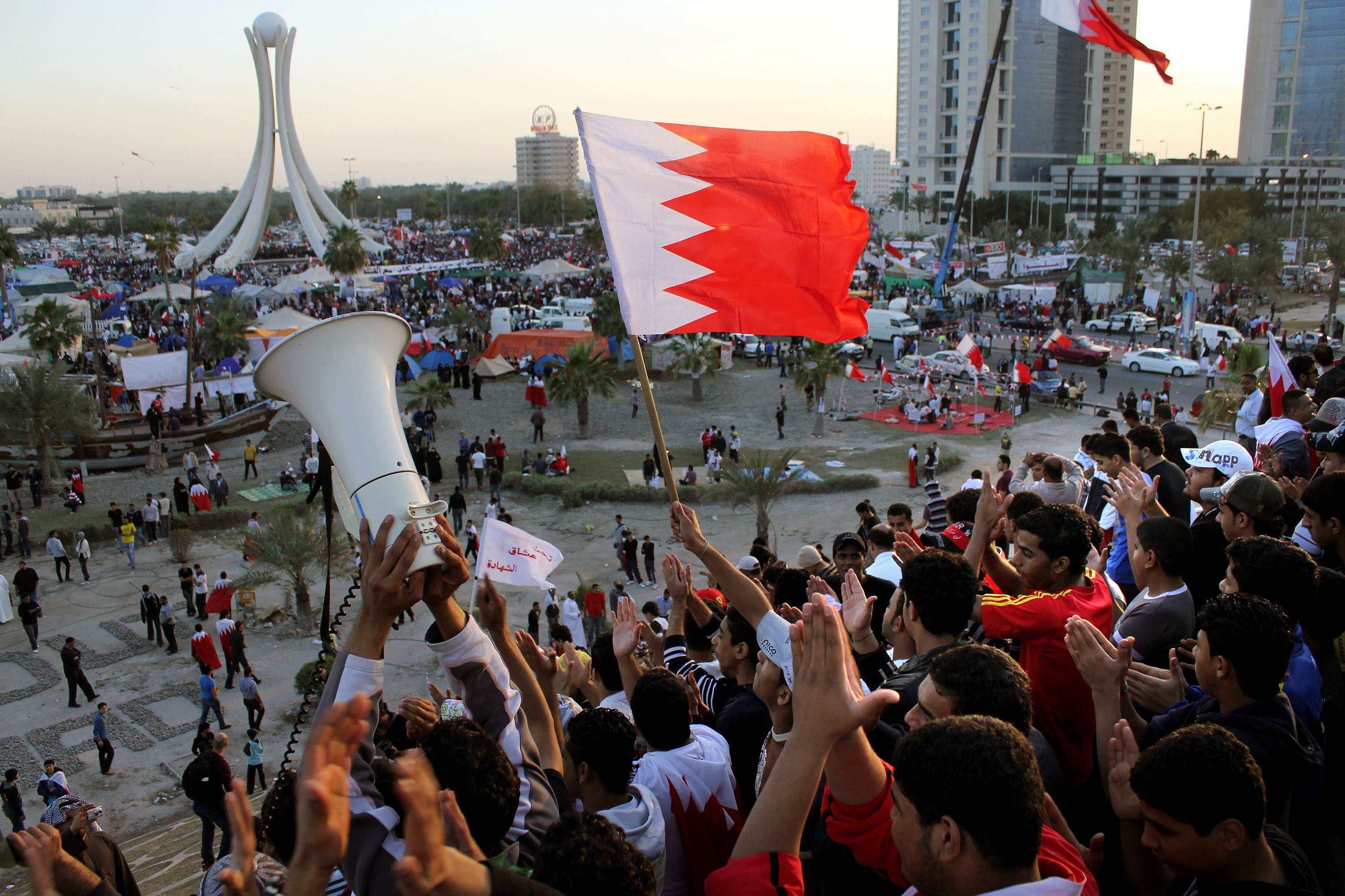 Anti-government protesters demonstrate at the Pearl Roundabout in Manama, Bahrain, on Feb. 20, 2011. 