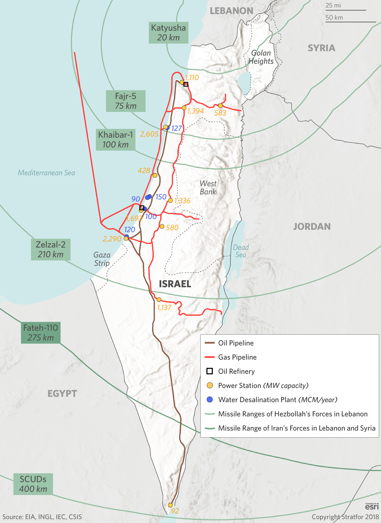 A map showing ranges of Iran and Hezbollah's indirect weaponry and key Israeli infrastructure targets. 