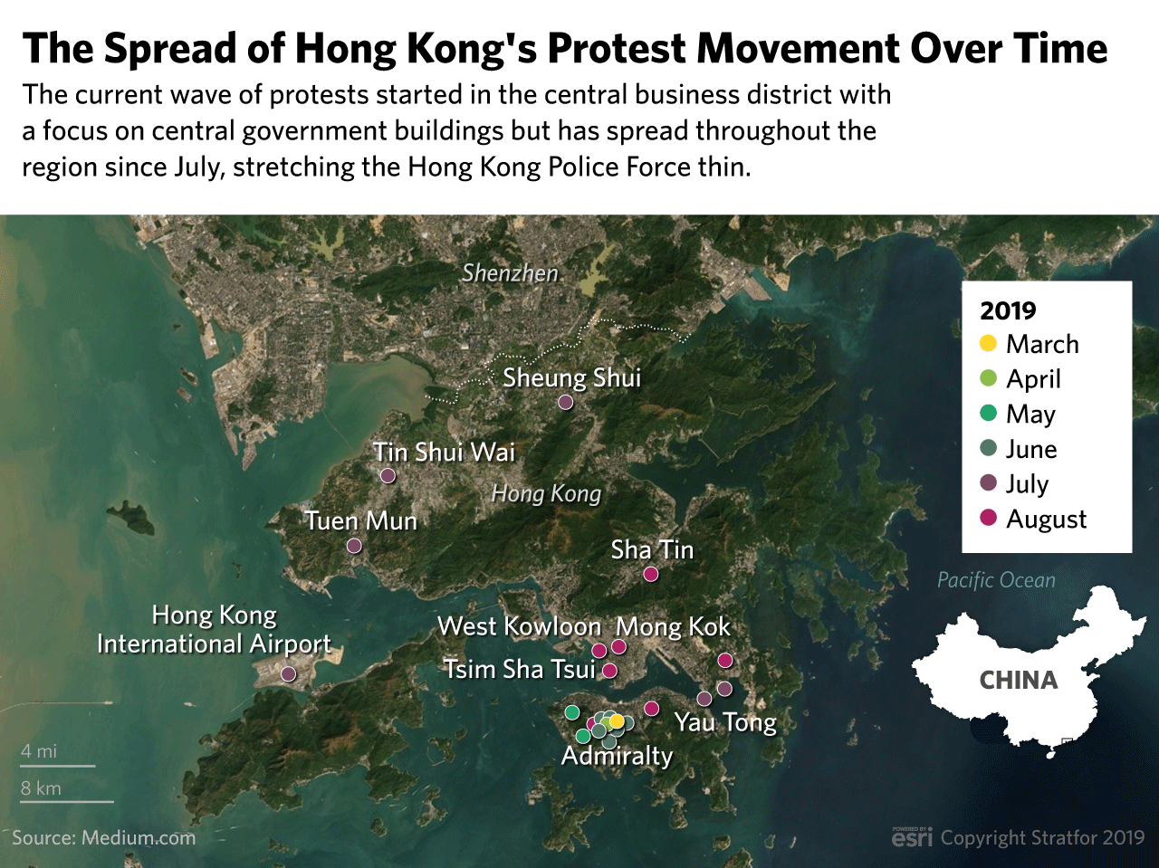 A map showing the spread of Hong Kong's protest movement over time.