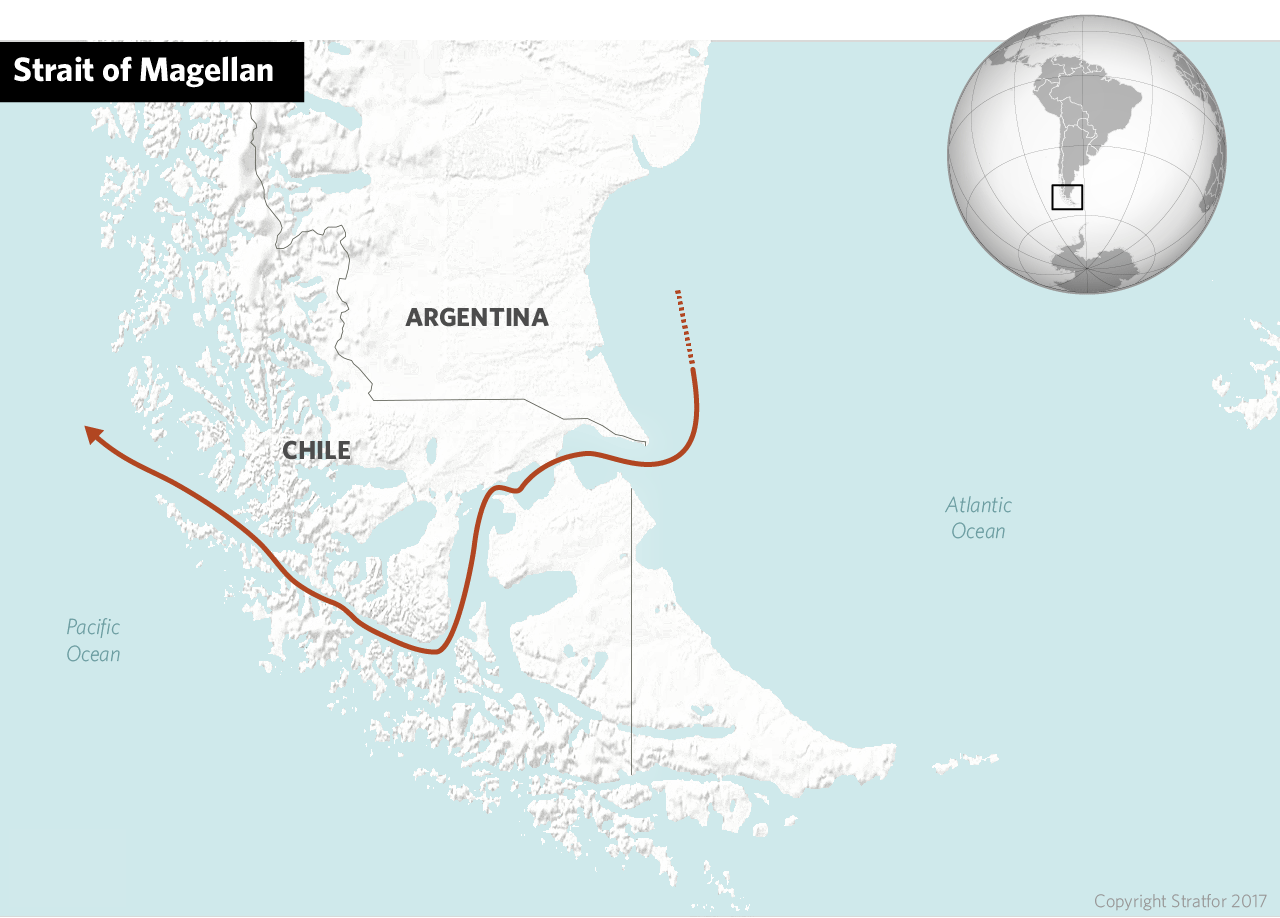 A graphic showing the Strait of Magellan, through the southern tip of South America