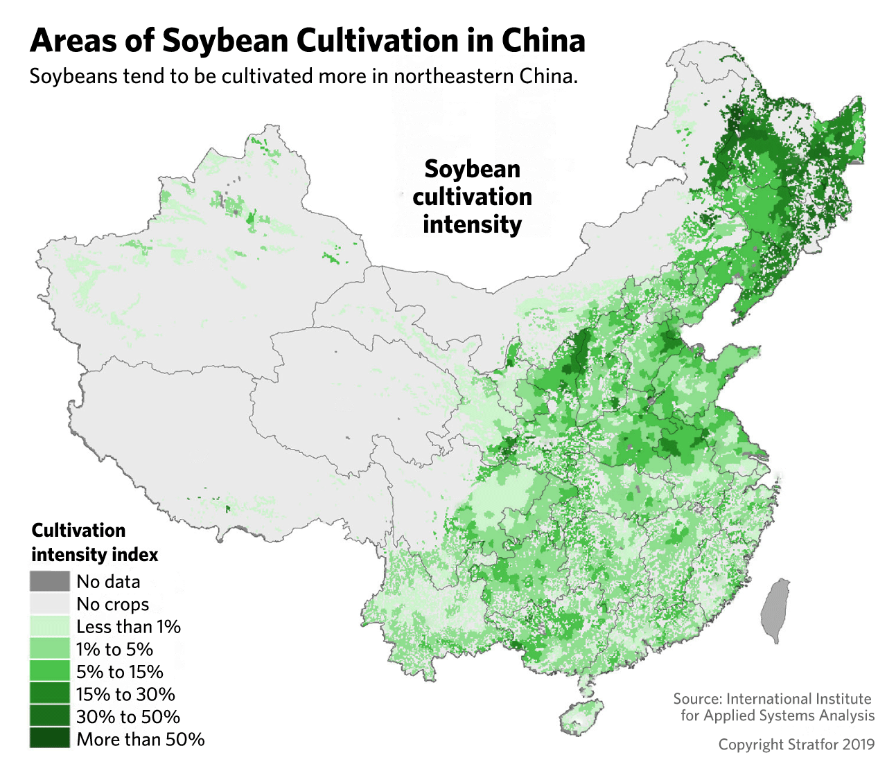 A map showing areas of soybean cultivation in China.