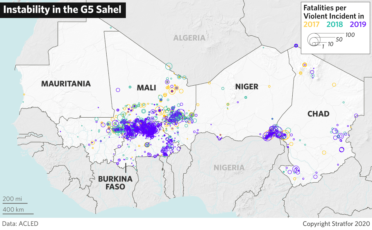 A map showing instability in the Sahel region of West Africa.