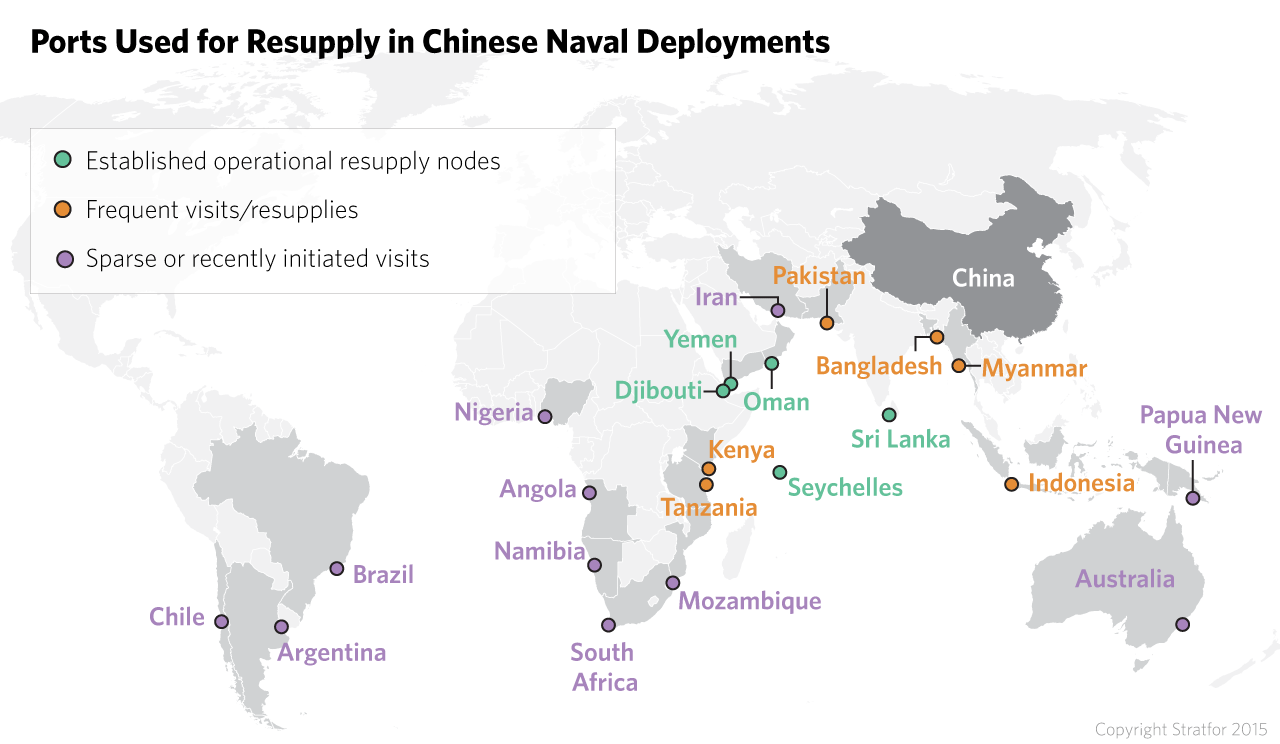 China already maintains a constant naval presence in the Indian Ocean and the Gulf of Aden as part of its contribution to the U.N. anti-piracy mission. Chinese ships have docked in Djibouti supporting peacekeeping operations in Africa as well as any future interventions on the African continent.
