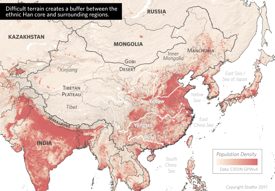 Difficult terrain creates a buffer between the ethnic Han core and surrounding regions. 