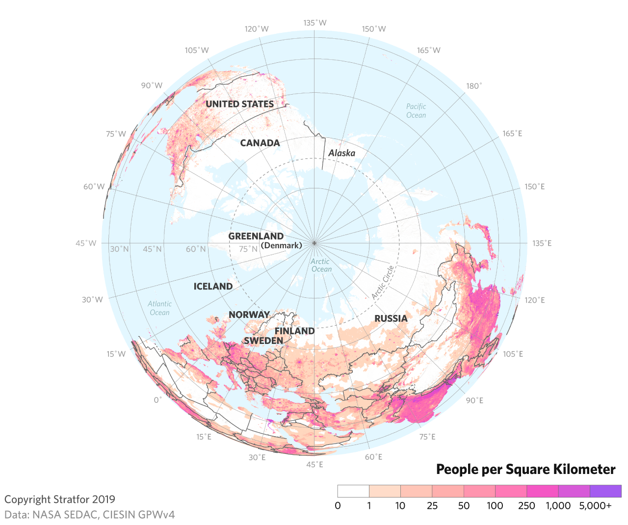 This map shows population densities around the Arctic.