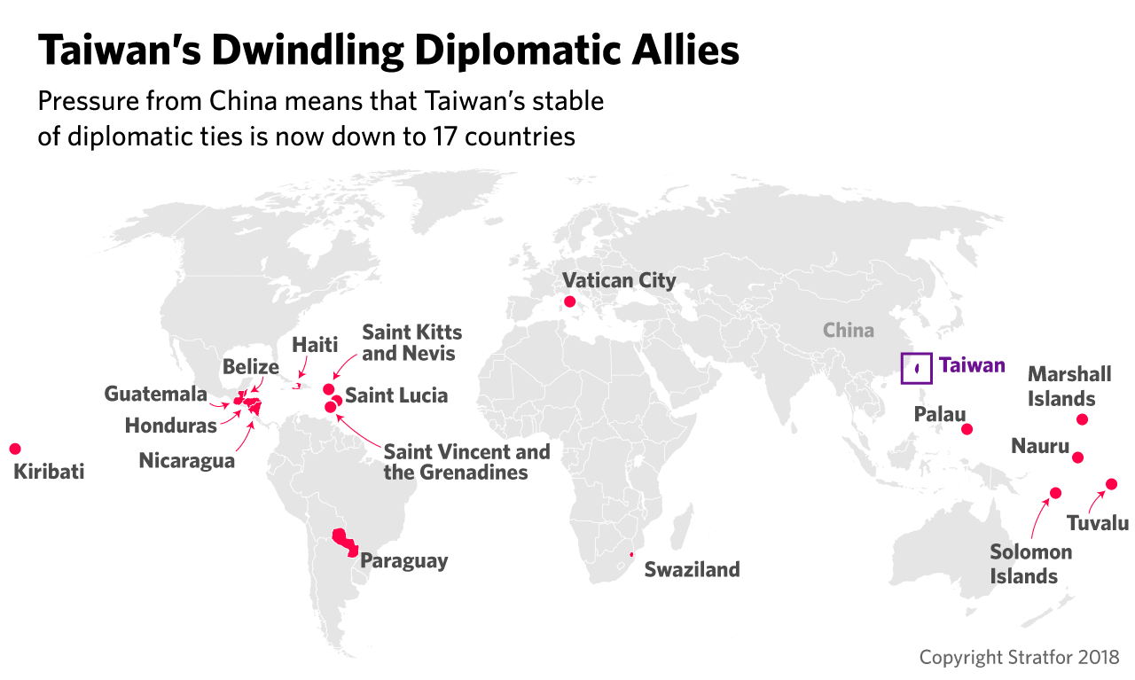 A Map Illustrates Taiwan's 17 Current Diplomatic Allies
