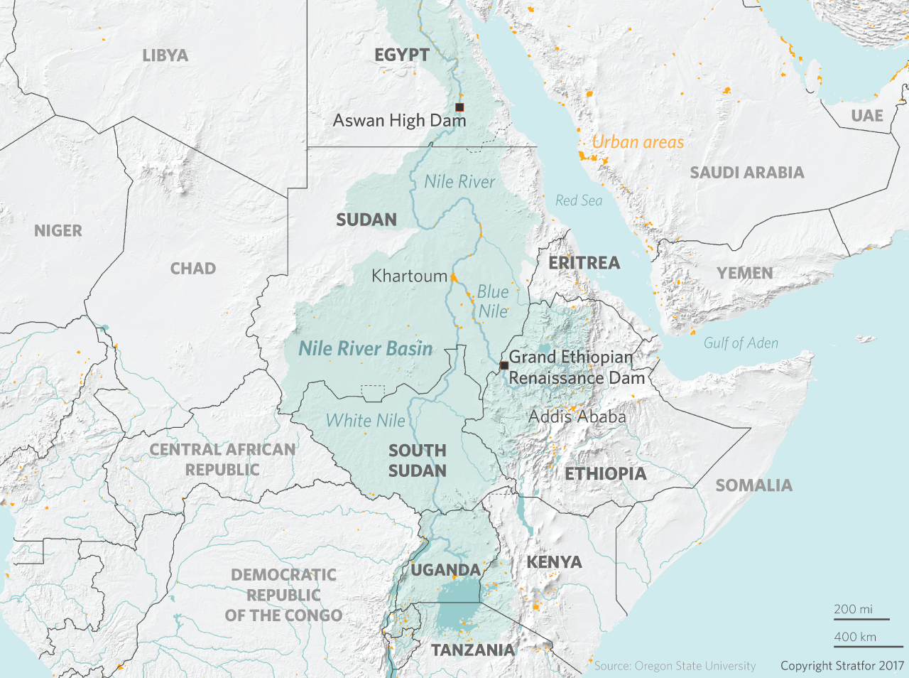 Location of the Grand Ethiopian Renaissance Dam, on the Blue Nile near the Sudan-Ethiopia border.