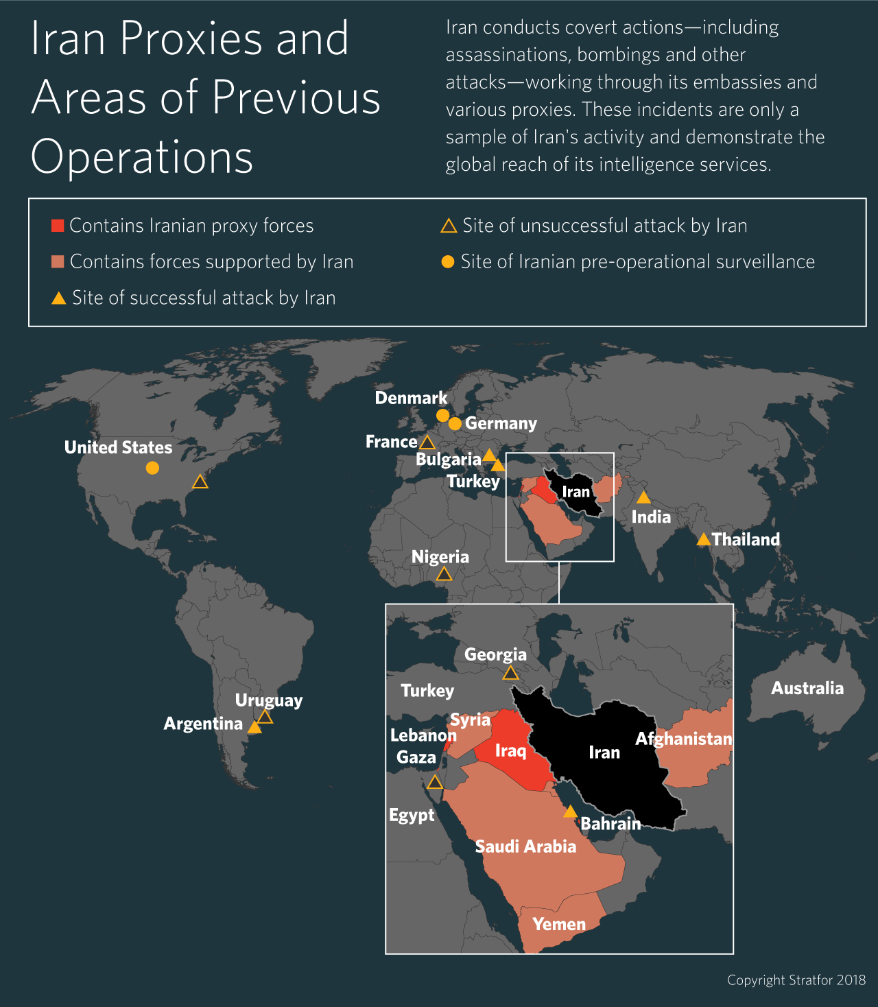 This map shows the global extent of Iran's ability to project threats.